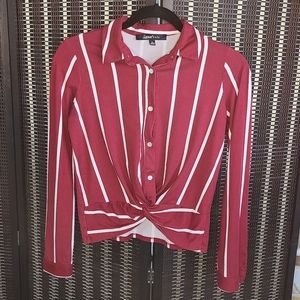 Sweet Rain Striped Blouse Button Down in Cranberry